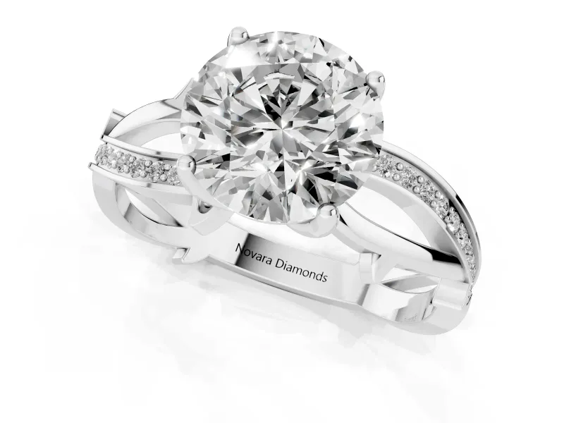 Round Cut Diamond Pavé Twist Band Solitaire Ring Set in Silver with Prong Setting