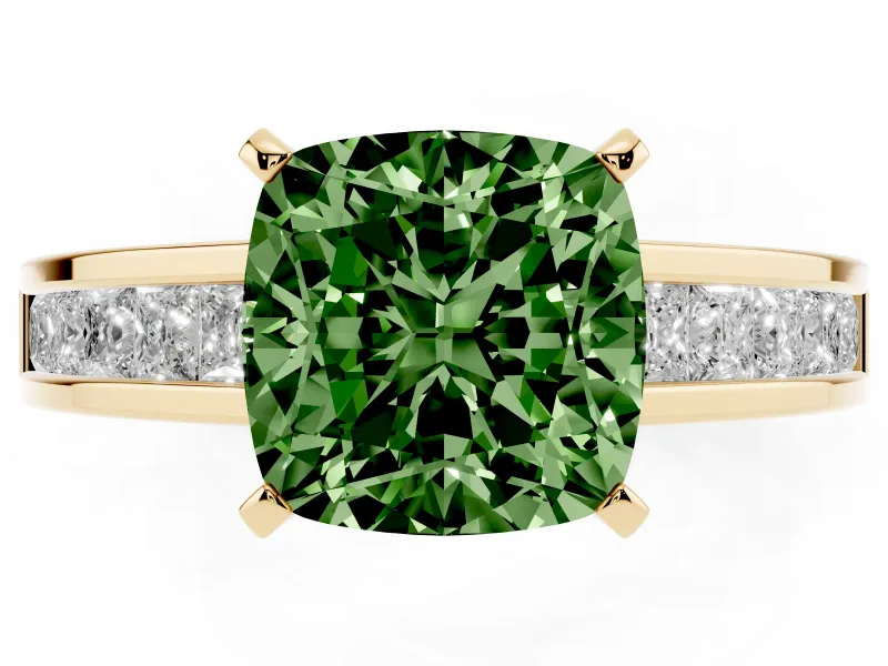 Cushion Cut Channel Engagement Ring Setting for a Fancy Green Lab-Grown Diamond | Yellow Gold