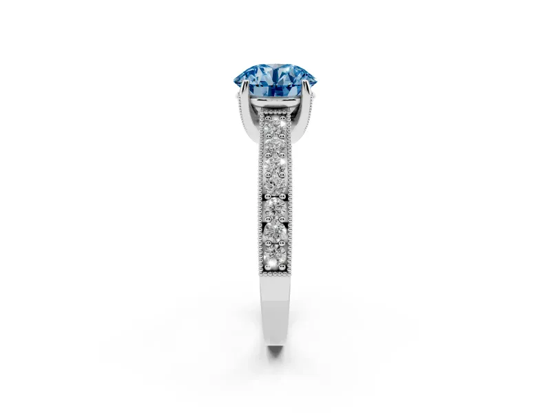Round Vintage Hidden Halo Engagement Ring Setting for a Fancy Blue Lab-Grown Diamond | Milgrain Pave Band | Platinum