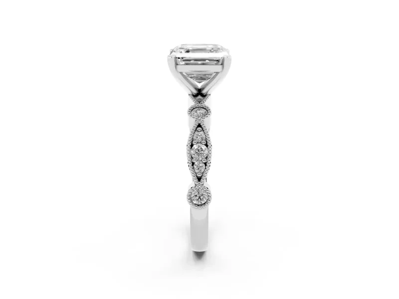 Asscher Cut Diamond Solitaire Engagement Ring Set in Silver with Milgrain Bezel Accent Band