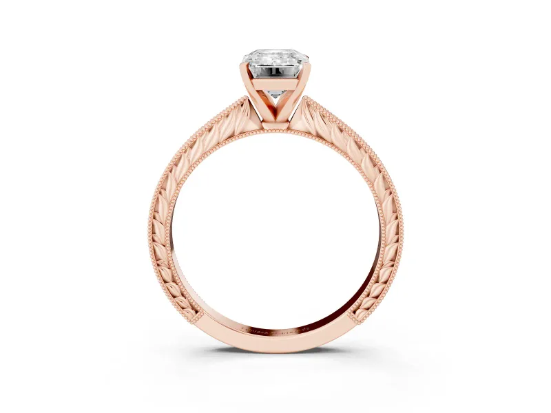 Emerald Cut Diamond Solitaire Milgrain Engraved Band Set in Rose gold with Prong Setting