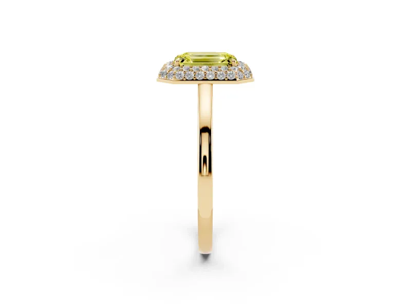 Emerald Cut Pave Halo Engagement Ring Setting for a Fancy Yellow Lab-Grown Diamond | Slim Plain Band | Yellow Gold