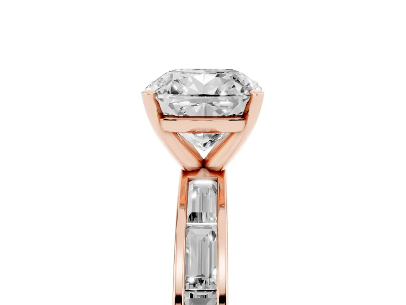 Cushion Cut Channel Set Engagement Ring Setting | Baguette Side Stones | Rose Gold
