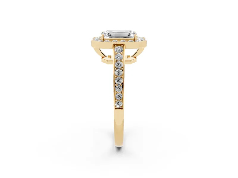 Emerald Cut Diamond Halo Pavé Engagement Ring Set in Yellow gold with Bezel Setting