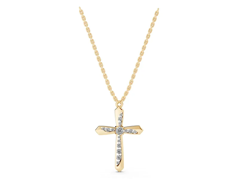Round Lab-Grown Diamond Pavé Cross Pendant Necklace | Flared Pointed Arms | Yellow Gold