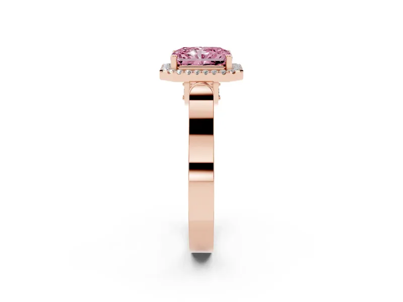 Fancy Pink Radiant Cut Diamond Halo Ring Set in Rose gold with Pavé-Lined Split Shank Band