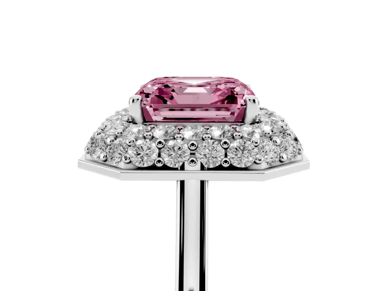 Fancy Pink Asscher Cut Diamond Halo Engagement Ring Set in White gold with Solitaire Band and Prong Setting