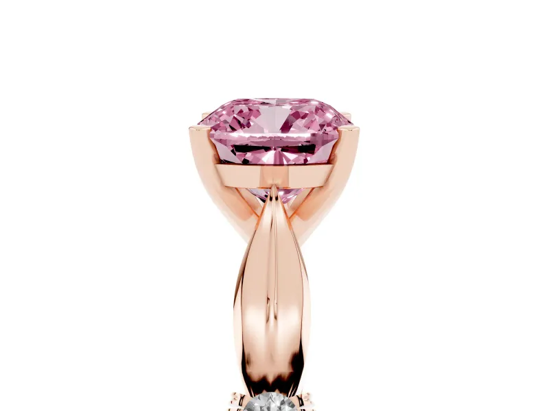 Fancy Pink Cushion Cut Diamond Solitaire Twisted Band Ring Set in Rose gold with Accent Stones and Prong Setting