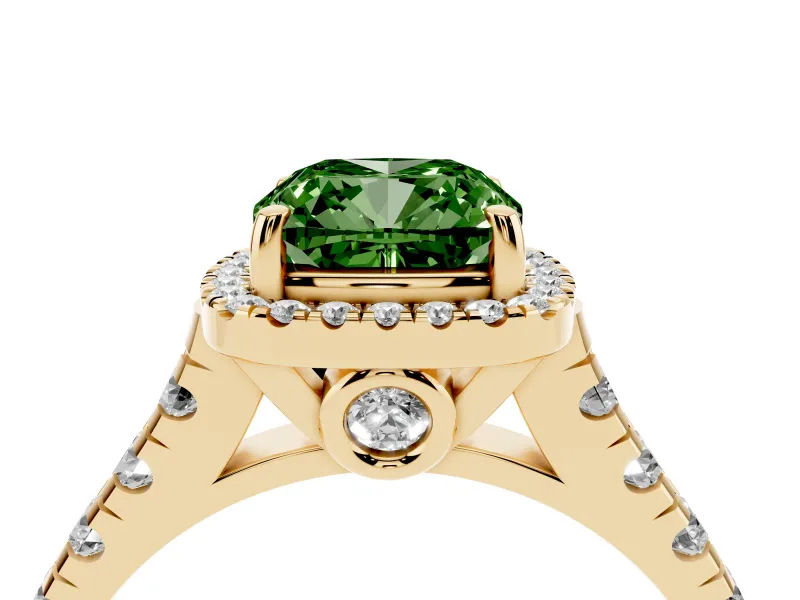 Cushion Cut Accented Halo Engagement Ring Setting for a Fancy Green Lab-Grown Diamond | Yellow Gold