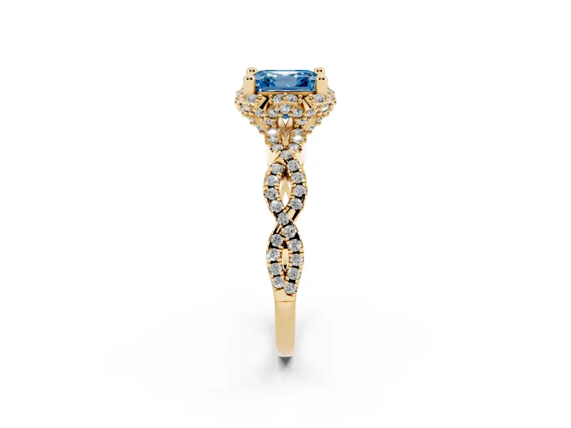 Fancy Blue Asscher Cut Diamond Halo Twist Band Solitaire Ring Set in Yellow gold with Prong-Set Center Stone