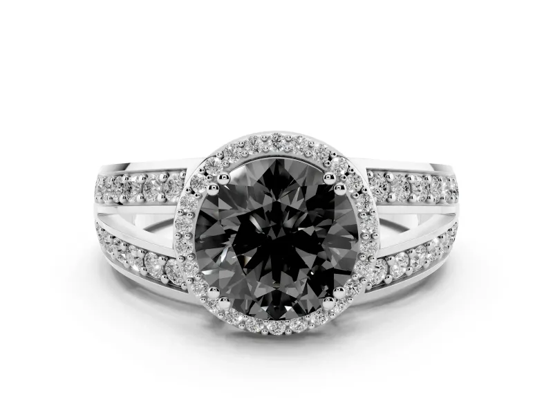 Fancy Black Round Cut Diamond Halo Ring Set in White gold with Double Pavé Split Shank