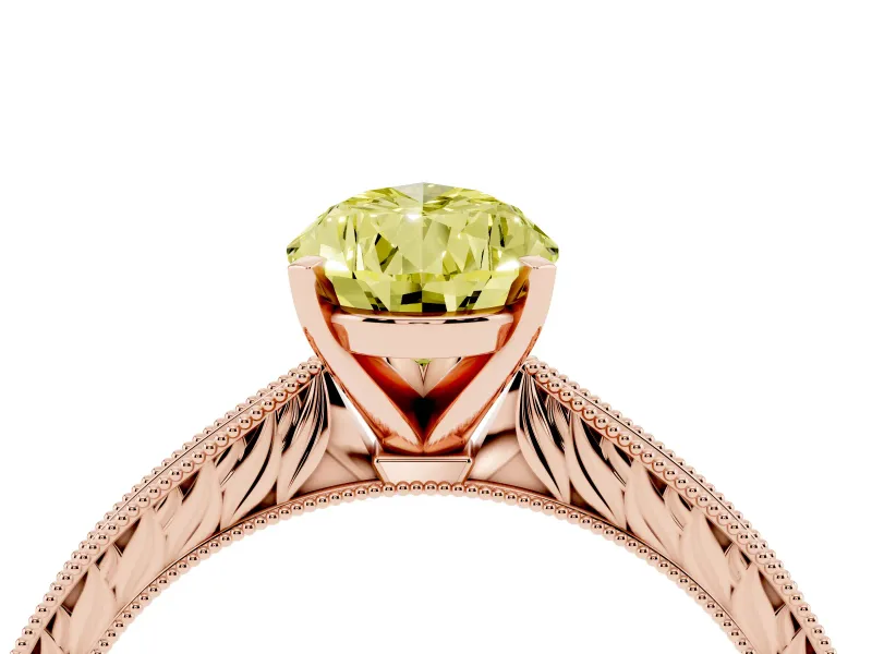 Fancy Yellow Pear Cut Diamond Solitaire Milgrain Engraved Band Set in Rose gold with Prong Setting