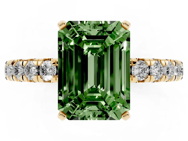 Fancy Green Emerald Cut Diamond Pavé Solitaire Ring Set in Yellow gold with Round Band and Prong Setting