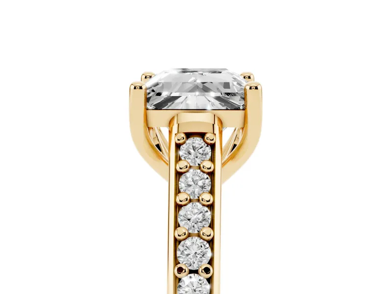 Princess Cut Graduated Pave Cathedral Engagement Ring Setting | Scroll Cut-Outs | Yellow Gold