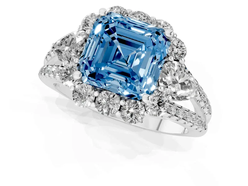 Fancy Blue Asscher Cut Diamond Halo Split Shank Engagement Ring Set in Platinum with Prong-Held Center Stone