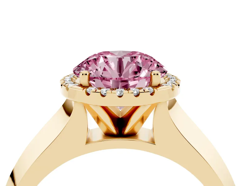 Fancy Pink Round Cut Diamond Halo Ring Set in Yellow gold with Cathedral Band and Prong Setting