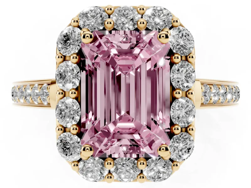 Fancy Pink Emerald Cut Diamond Floral Halo Ring Set in Yellow gold with Pavé Band and Prong Setting
