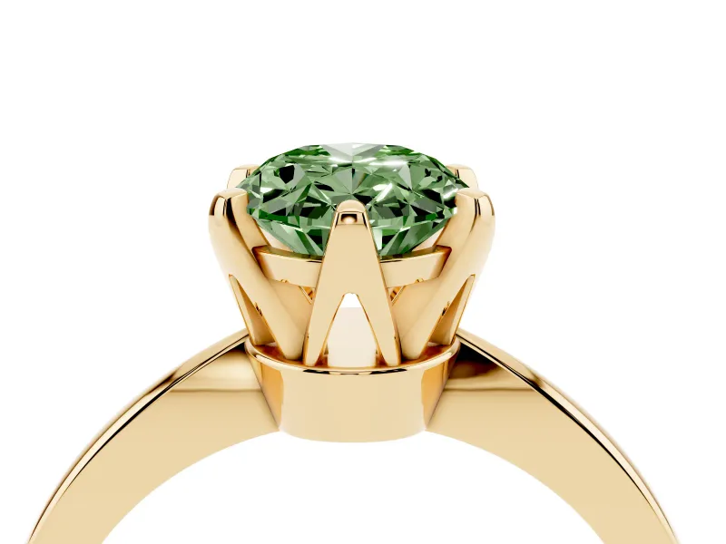 Fancy Green Oval Cut Diamond Solitaire Engagement Ring Set in Yellow gold with Slim Tapered Solitaire Band