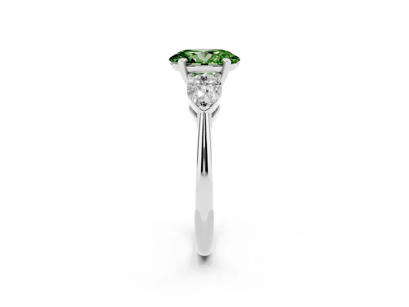 Fancy Green Three-Stone Oval Cut Diamond Ring Set in Silver with Pear Side Stones and Prong Setting