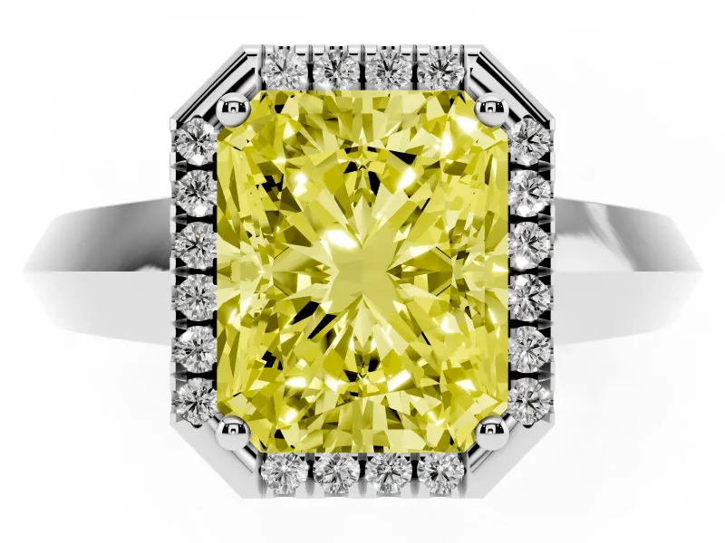 Fancy Yellow Radiant Cut Diamond Halo Ring Set in Platinum with Cathedral Band and Prong Setting