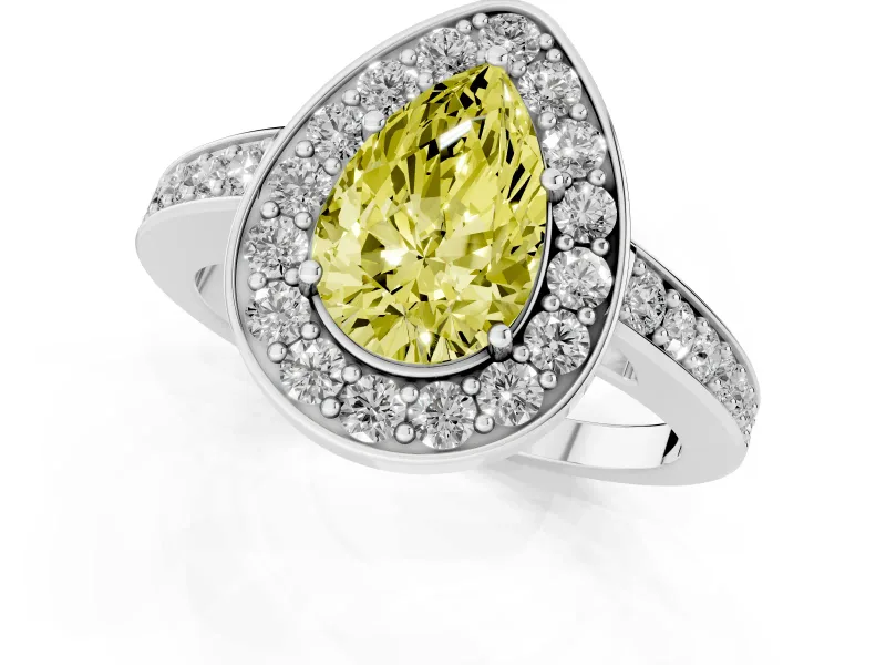 Fancy Yellow Pear Cut Diamond Halo Pavé Engagement Ring Set in Silver with Bezel Setting