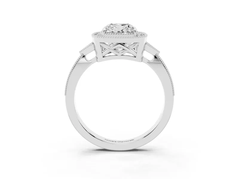 Cushion Cut Vintage Milgrain Halo Engagement Ring Setting | Graduated Pavé Band | Platinum