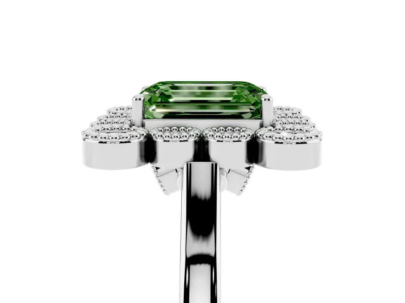 Emerald Cut Milgrain Cluster Halo Engagement Ring Setting for a Fancy Green Lab-Grown Diamond | Plain Band | White Gold