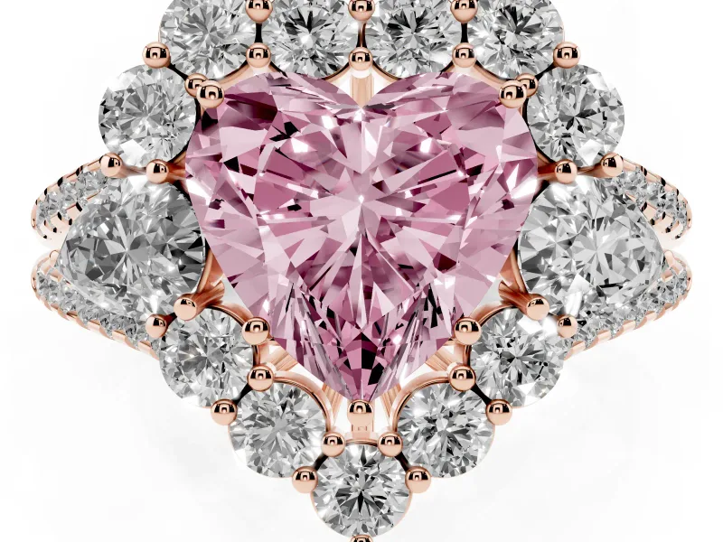 Fancy Pink Heart Cut Diamond Halo Split Shank Engagement Ring Set in Rose gold with Prong-Held Center Stone