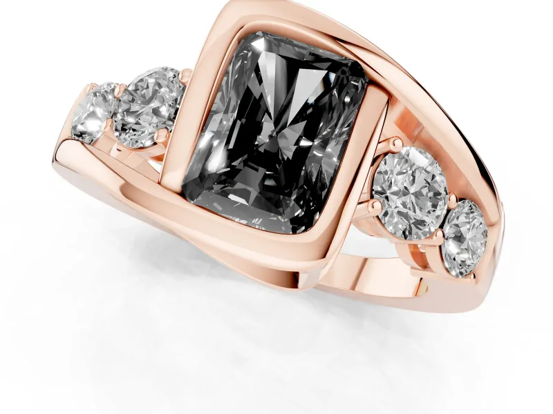 Fancy Black Radiant Cut Diamond Bezel Bypass Ring Set in Rose gold with Round Accents