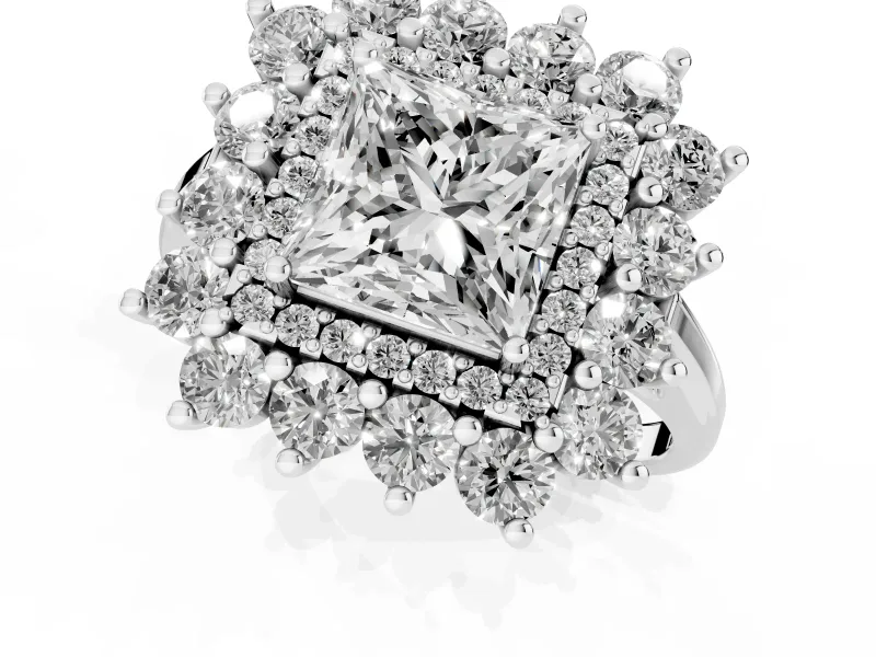 Princess Cut Floral Double Halo Engagement Ring Setting | Plain Band | White Gold