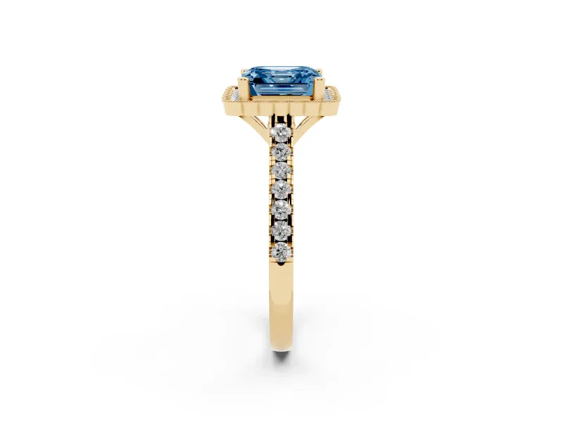 Asscher Cut Milgrain Floral Halo Engagement Ring Setting for a Fancy Blue Lab-Grown Diamond | Pavé Band | Yellow Gold