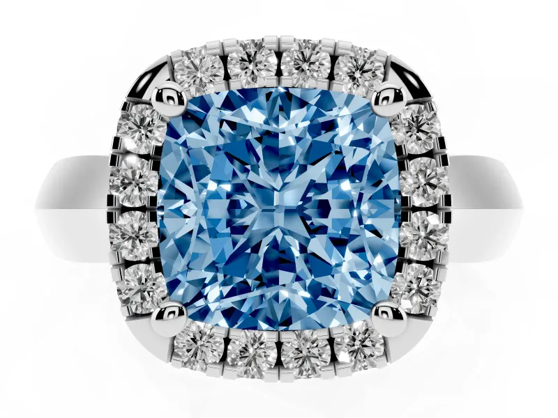 Cushion Cut Halo Engagement Ring Setting for a Fancy Blue Lab-Grown Diamond | Square Profile Band | White Gold