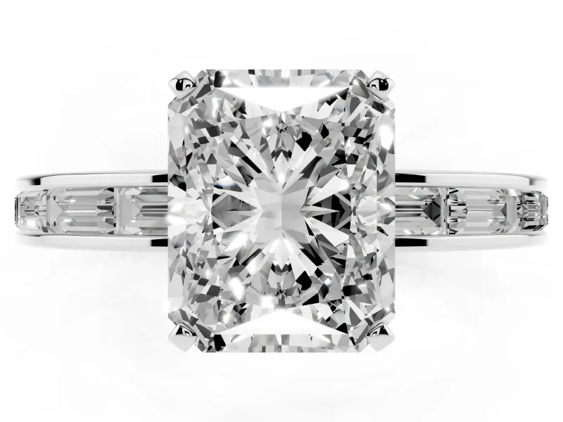 Radiant Cut Diamond Solitaire Ring Set in Silver with Channel-Set Baguette Band and Prong Setting