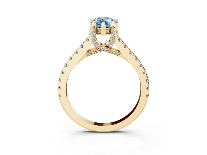 Pear-Shaped Hidden Halo Pave Engagement Ring Setting for a Fancy Blue Lab-Grown Diamond | Claw Prongs | Yellow Gold