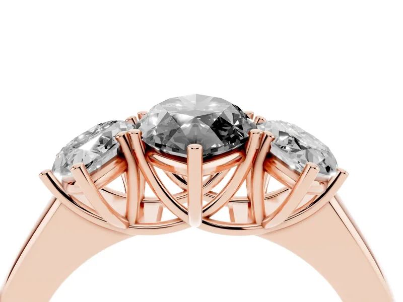 Fancy Black Three-Stone Marquise Cut Diamond Ring Set in Rose gold with Matching Prong Settings and Plain Band