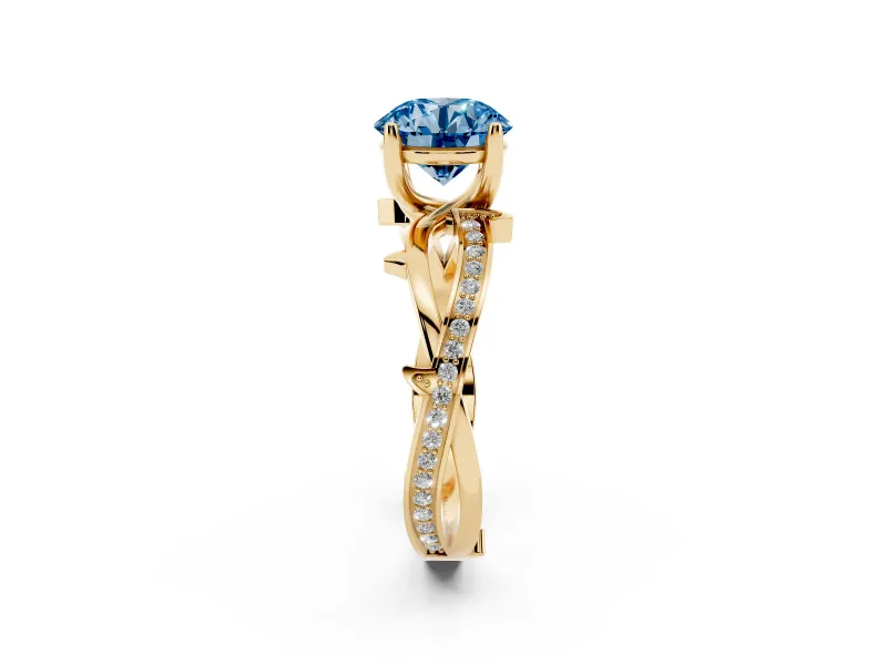 Fancy Blue Round Cut Diamond Pavé Twist Band Solitaire Ring Set in Yellow gold with Prong Setting