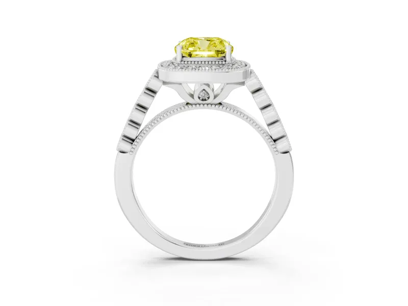 Cushion Cut Graduated Milgrain Halo Engagement Ring Setting for a Fancy Yellow Lab-Grown Diamond | White Gold