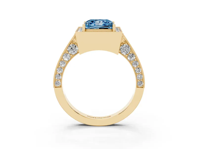 Princess Cut Milgrain Halo Engagement Ring Setting for a Fancy Blue Lab-Grown Diamond | Side Stones | Yellow Gold