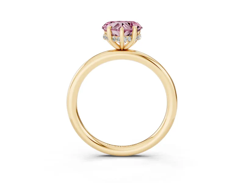 Fancy Pink Heart Cut Diamond Solitaire Ring Set in Yellow gold with Thin Band and Prong Setting
