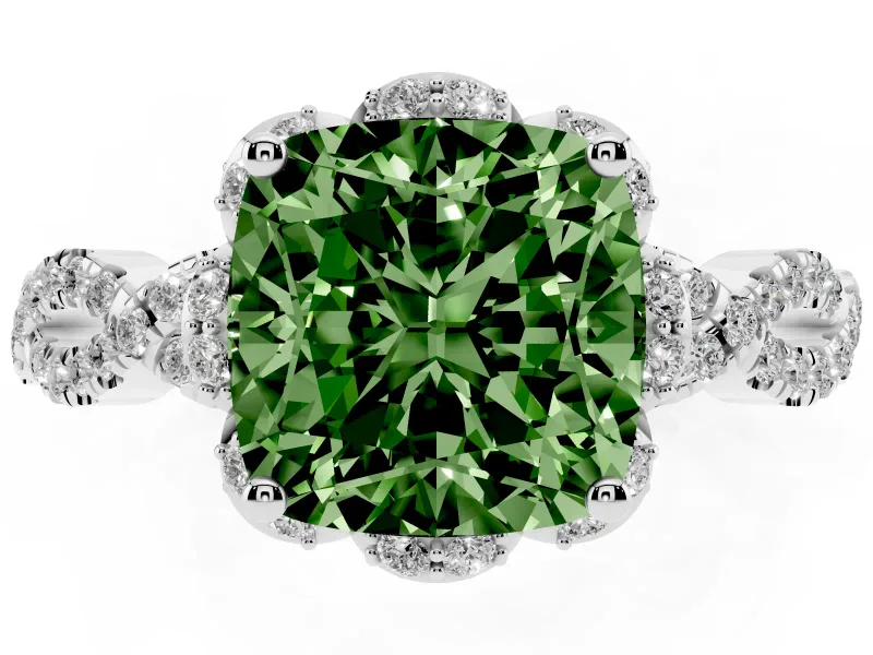 Fancy Green Cushion Cut Diamond Halo Twist Band Solitaire Ring Set in White gold with Prong-Set Center Stone