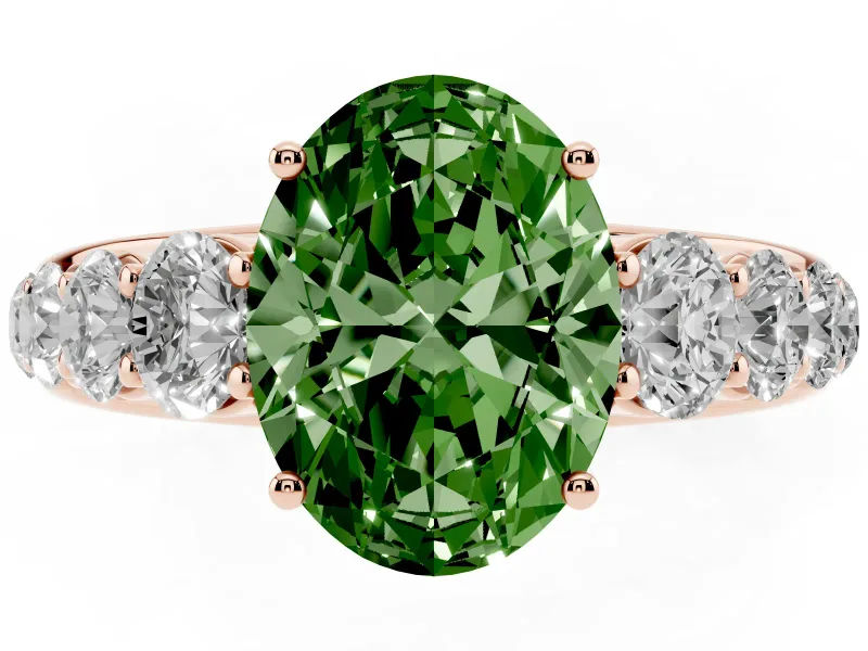 Oval Graduated Side Stone Engagement Ring Setting for a Fancy Green Lab-Grown Diamond | Flat Top Band | Rose Gold
