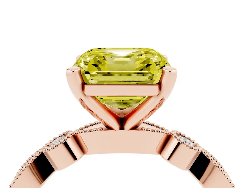 Fancy Yellow Asscher Cut Diamond Solitaire Engagement Ring Set in Rose gold with Milgrain Bezel Accent Band