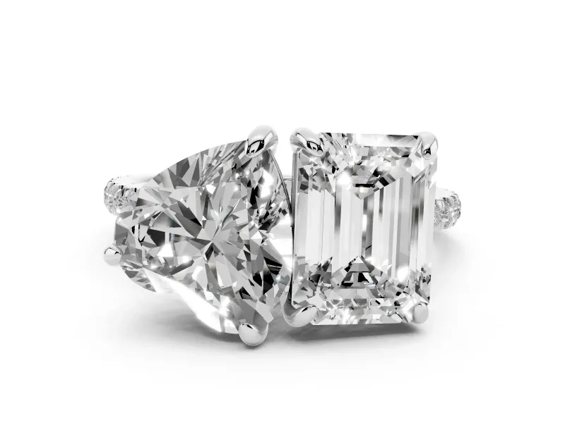 Emerald and Heart Toi Moi Ring Set in Silver with Prong Setting and Pavé Band