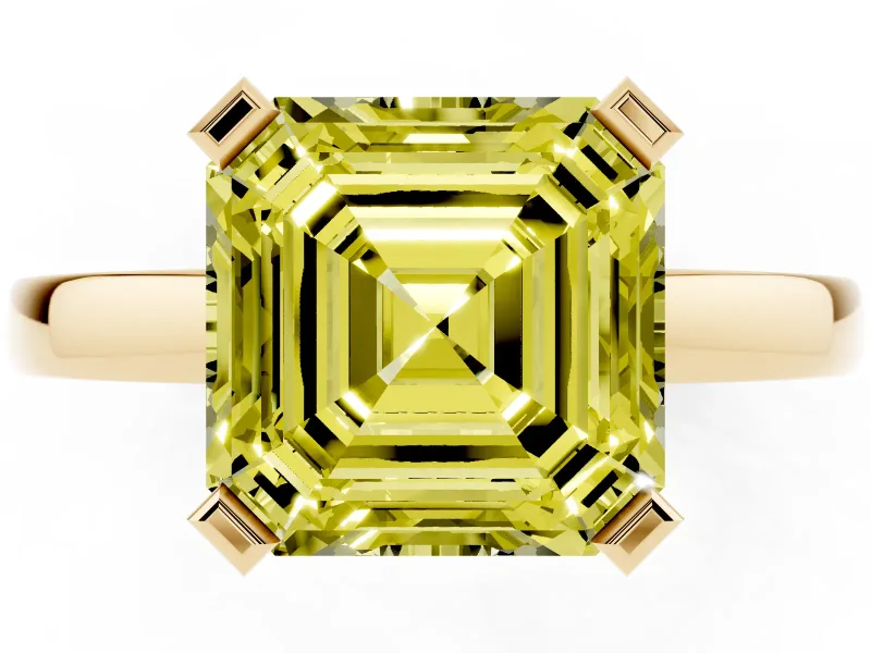 Fancy Yellow Asscher Cut Diamond Solitaire Ring Set in Yellow gold with Prong Head and Smooth Polished Band