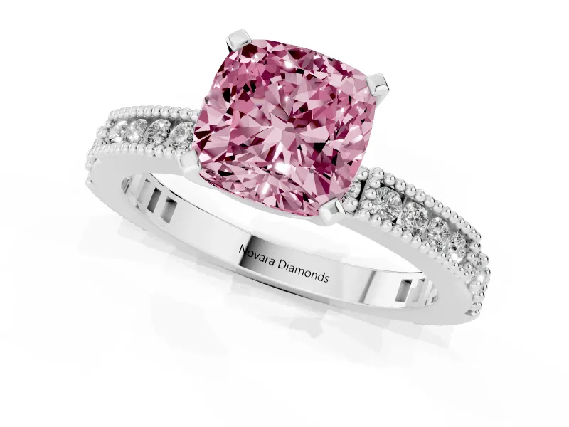 Fancy Pink Cushion Cut Diamond Solitaire Ring Set in White gold with Slim Pavé Band and Prong Setting