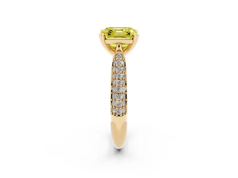 Fancy Yellow Asscher Cut Diamond Solitaire Engagement Ring Set in Yellow gold with Multi-Row Round Pavé Band and Prong Setting