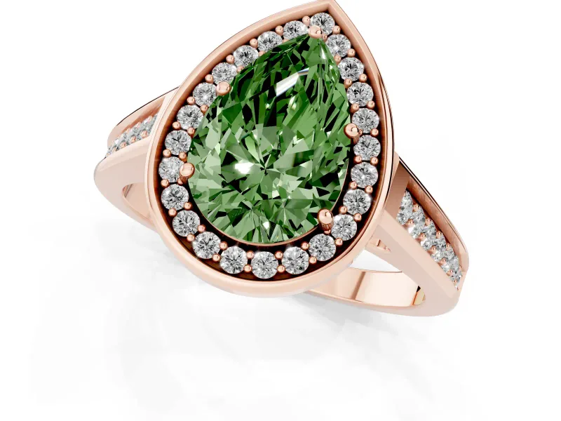 Fancy Green Pear Cut Diamond Halo Solitaire Ring Set in Rose gold with Pavé Band and Bezel Setting