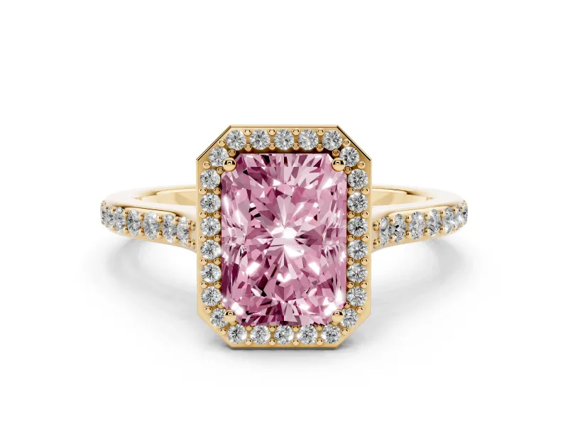 Fancy Pink Radiant Cut Diamond Halo Engagement Ring Set in Yellow gold with Round Pavé Shoulders and Heart Gallery