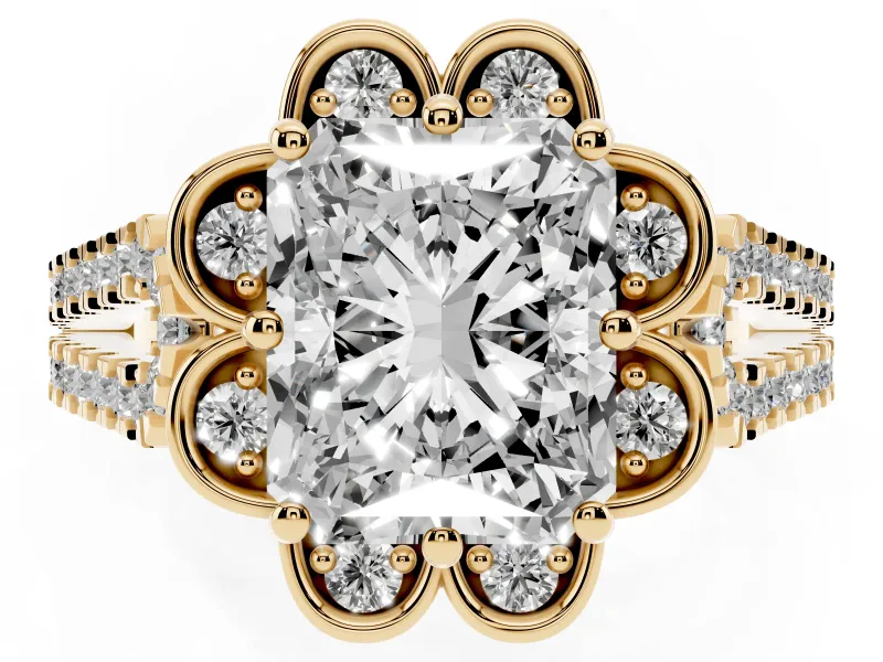 Radiant Cut Petal Frame Floral Halo Engagement Ring Setting | Pavé Split Shank | Yellow Gold