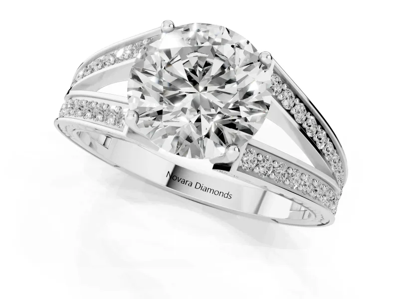 Round Cut Diamond Split Shank Ring Set in Silver with Pavé Band and Prong Setting